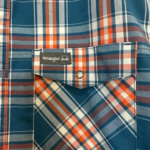 Wrangler Outdoor Blue Orange Plaid Llng Sleeves e Snap Button Size M - Picture 5 of 6